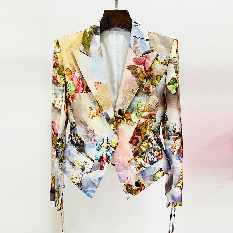 Goods Rope Slim Waist Retro Renaissance Angel Print Blazer