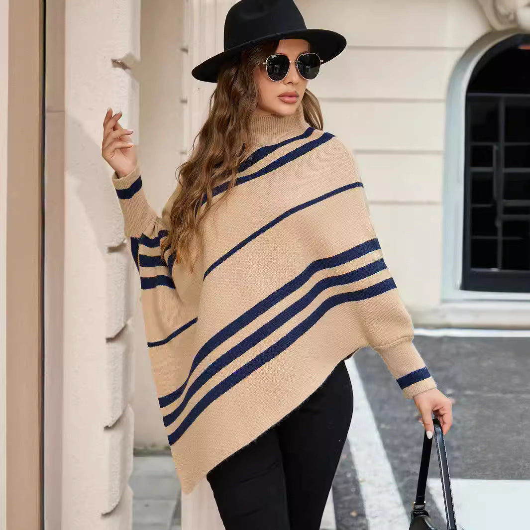 Women Sweater Irregular Asymmetric Striped Mock Neck Batwing Sleeve Pullover Sweater Shawl Cape