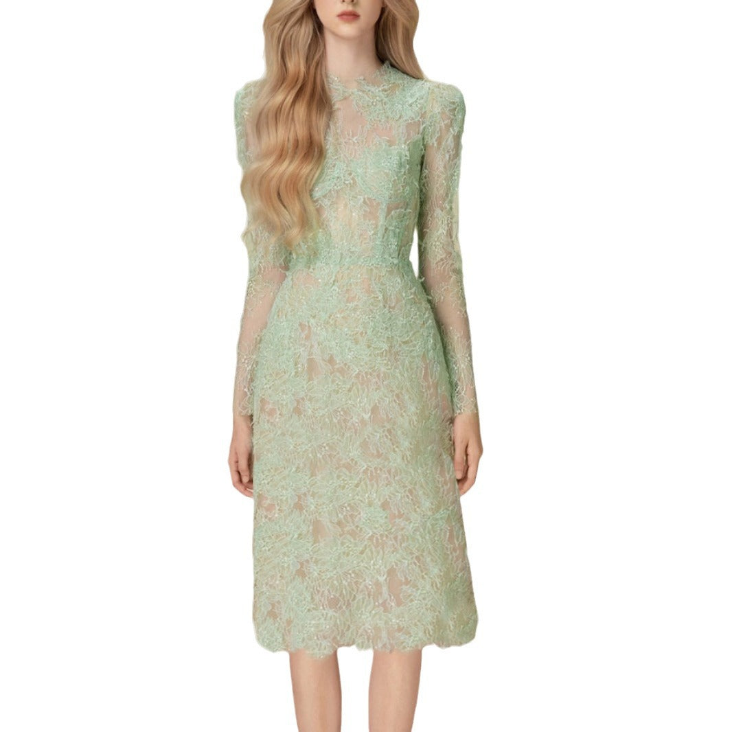 Spring Sequin Embroider Super Slim Dress Lace Mid-length