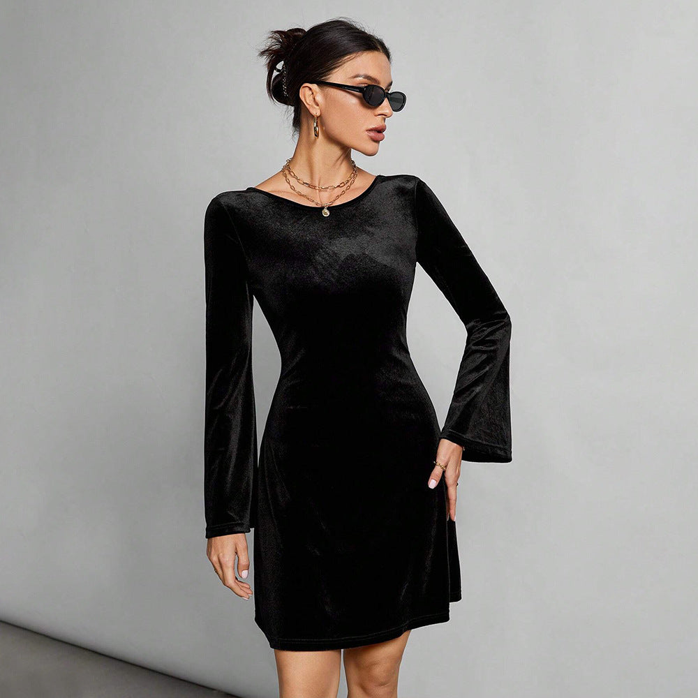 Vêtements pour femmes Robe intellectuelle simple Automne Hiver Dos nu Sexy à lacets All Match Robe noire