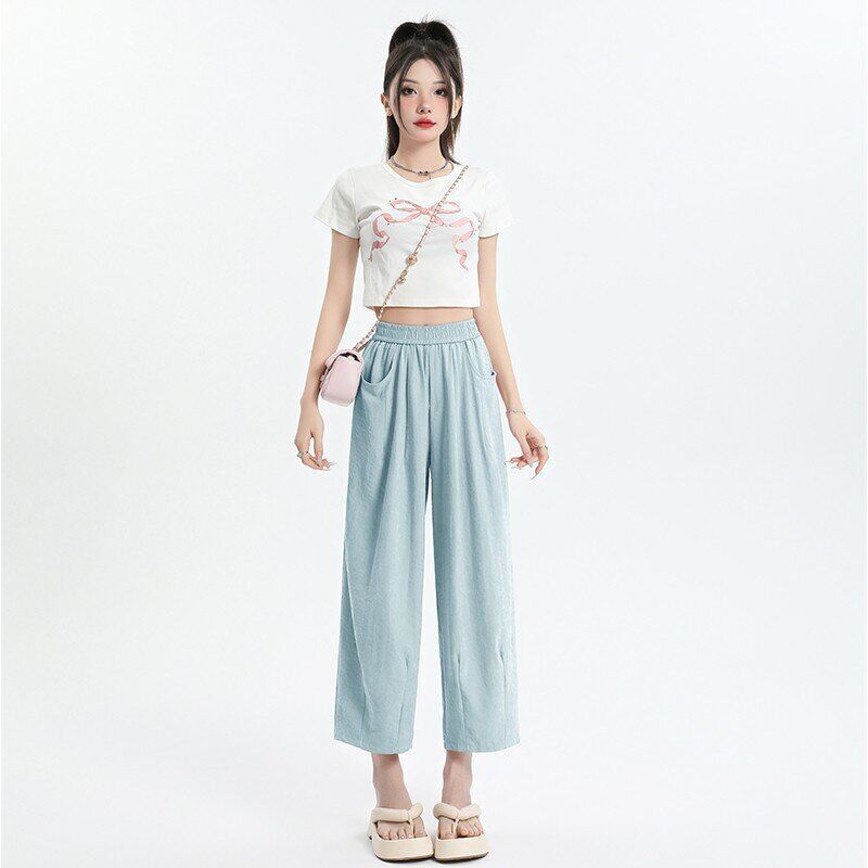 Elastic Waist High Waist Wide Leg Pants Cropped Drape Small Lazy And Loose