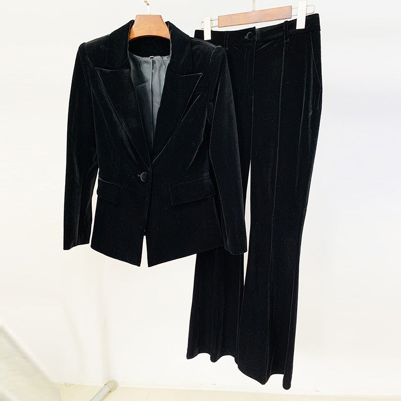 Automne hiver femmes affaires un bouton Pleuche Blazer cloche bas pantalon deux pièces ensemble