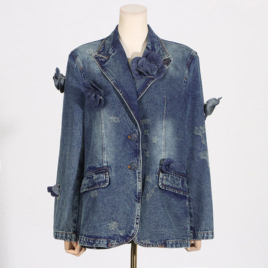 Spring Personality Street Hipster Three Dimensional Floral Decoration Holes Blue Denim Blazer