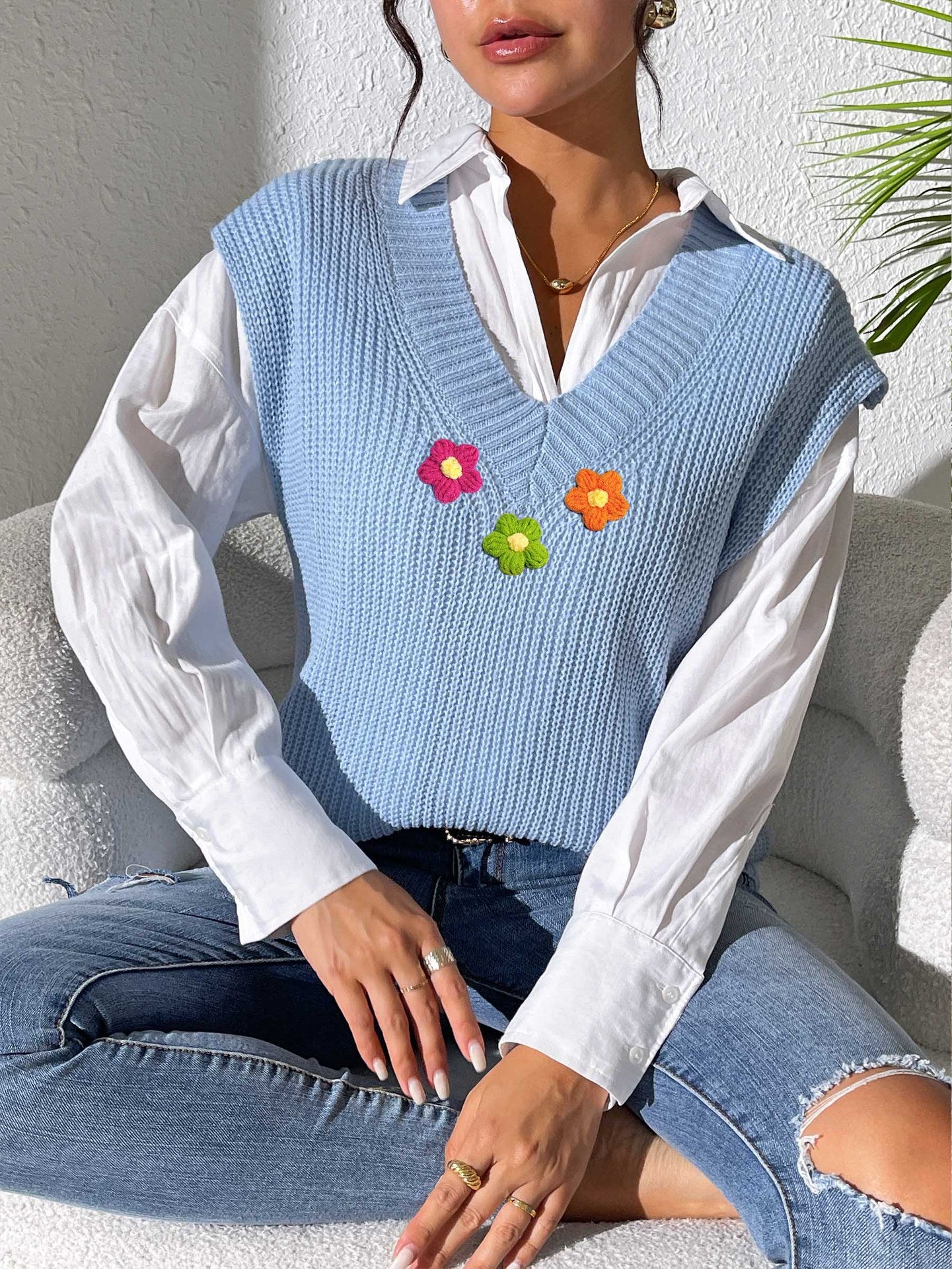 Women Vest Women Clothing Spring Autumn V Neck Simple Vest Hand Crocheted Stitching Woven Sweater Waistcoat