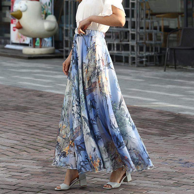 Chiffon Skirt Printed Floral High Waist Slimming