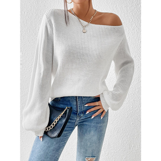 Diagonal Collar Strapless Sexy Sweater Autumn Winter Solid Color Loose Lazy Women Sweater