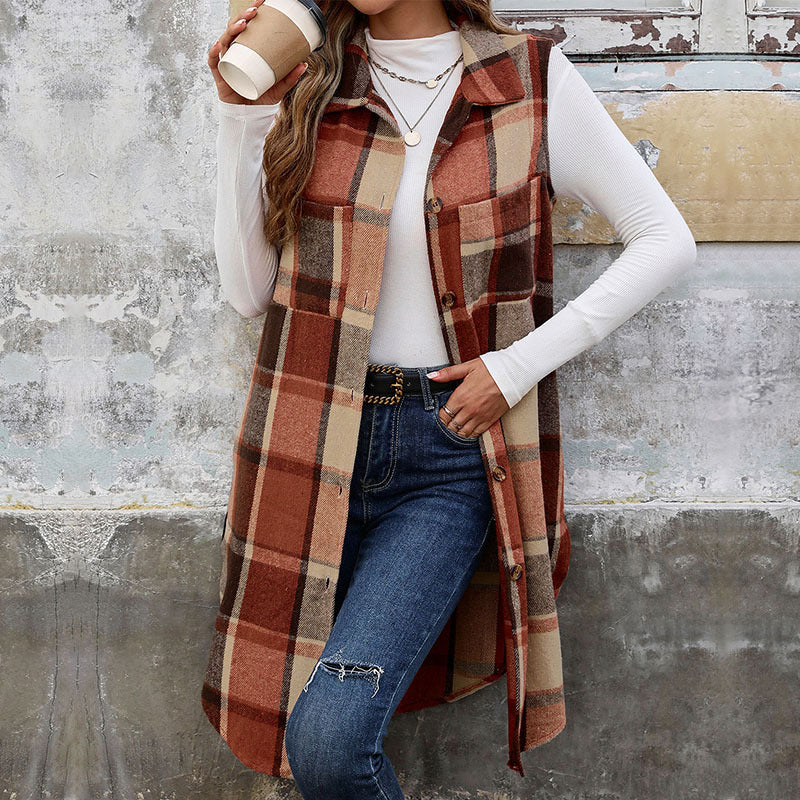 Autumn Winter Sleeveless Collared Cardigan Coat Retro Mid Length Plaid Vest