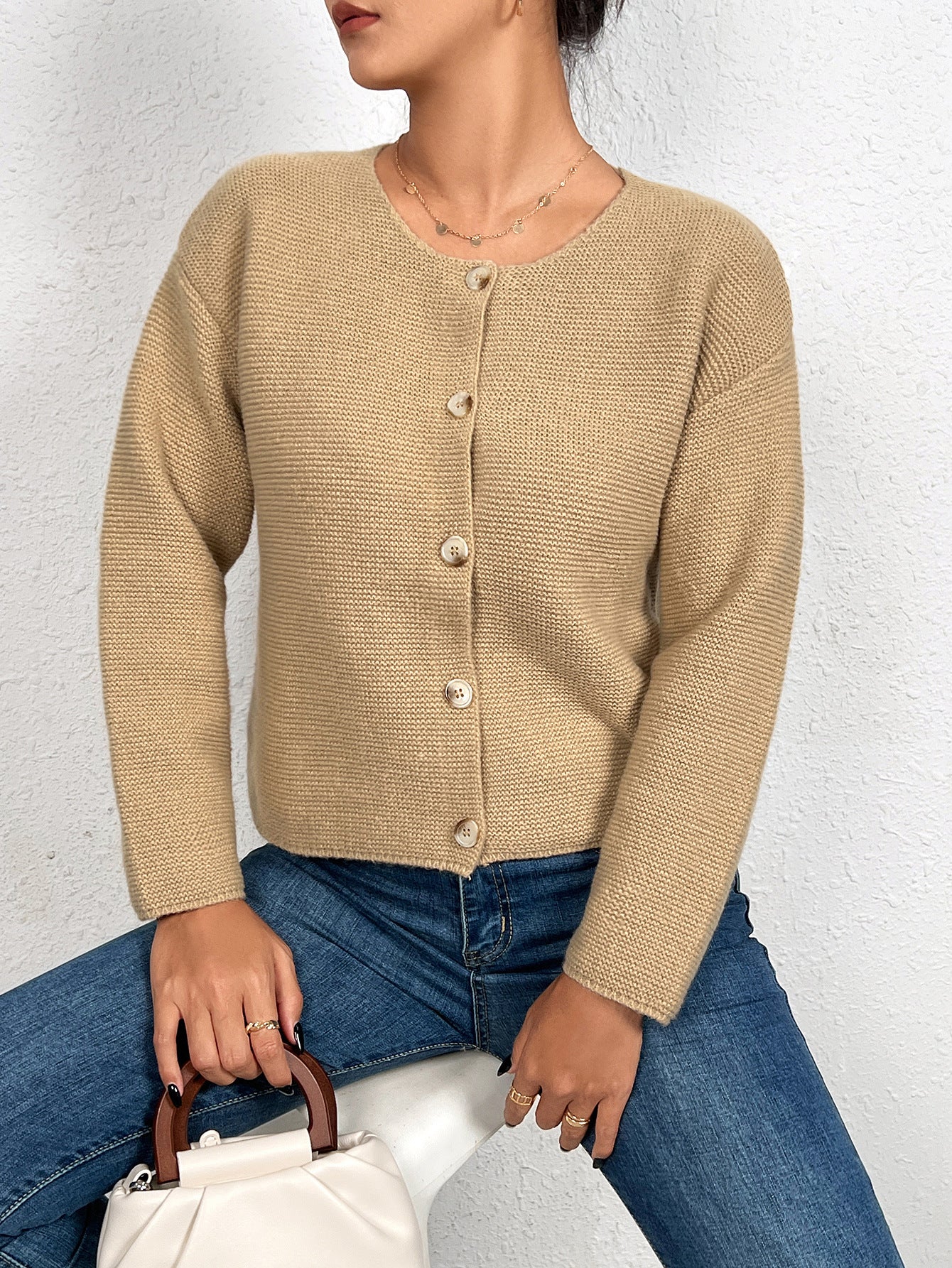 Cardigan de couleur unie pour femme, manteau amincissant à simple boutonnage et col rond, printemps-automne