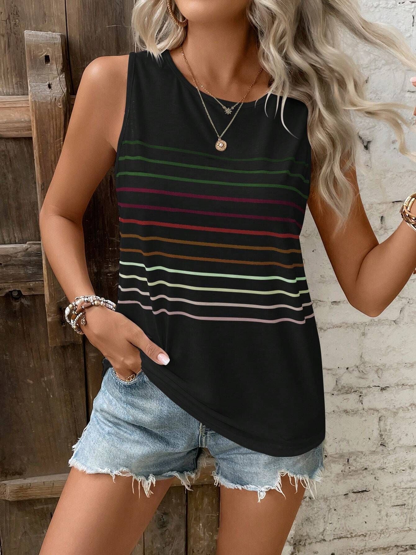 Camiseta sin mangas multicolor estampada con cuello redondo para mujer