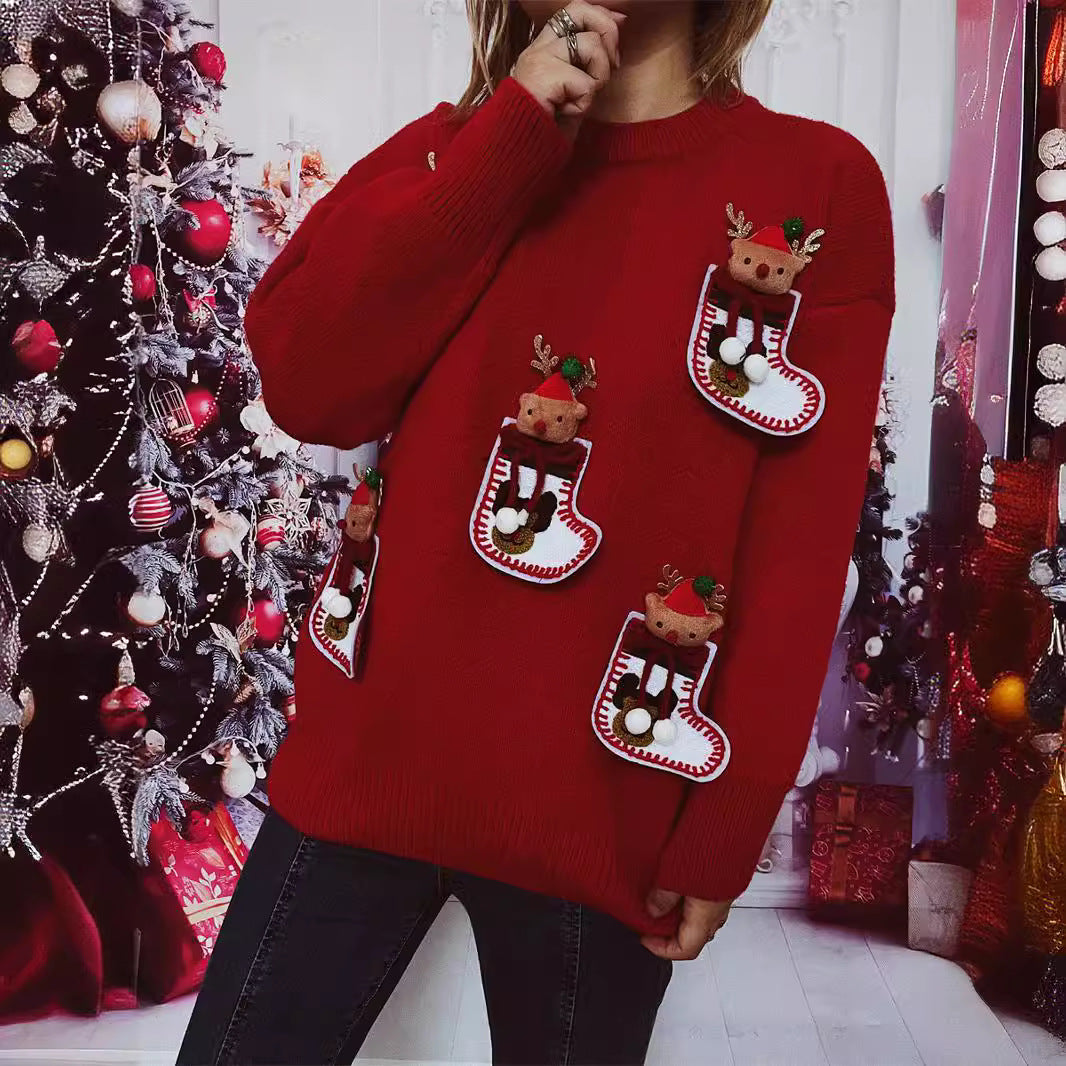 Autumn Winter Christmas Sweater Handmade Finish Christmas Stockings Elk Sweater Pullover Women