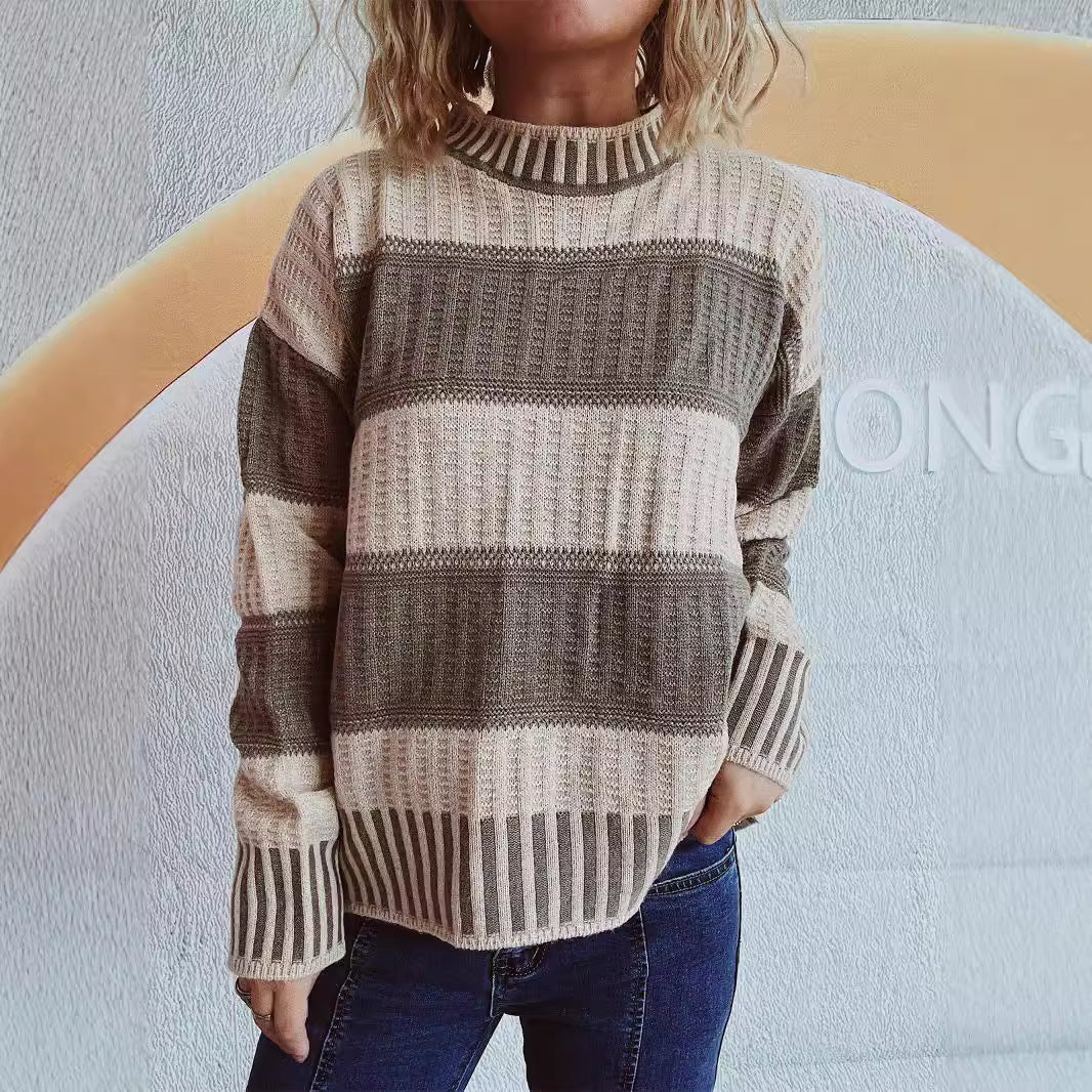 Autumn Winter Striped Contrast Color Half Turtleneck Sweater Loose Casual Office Sweater for Women