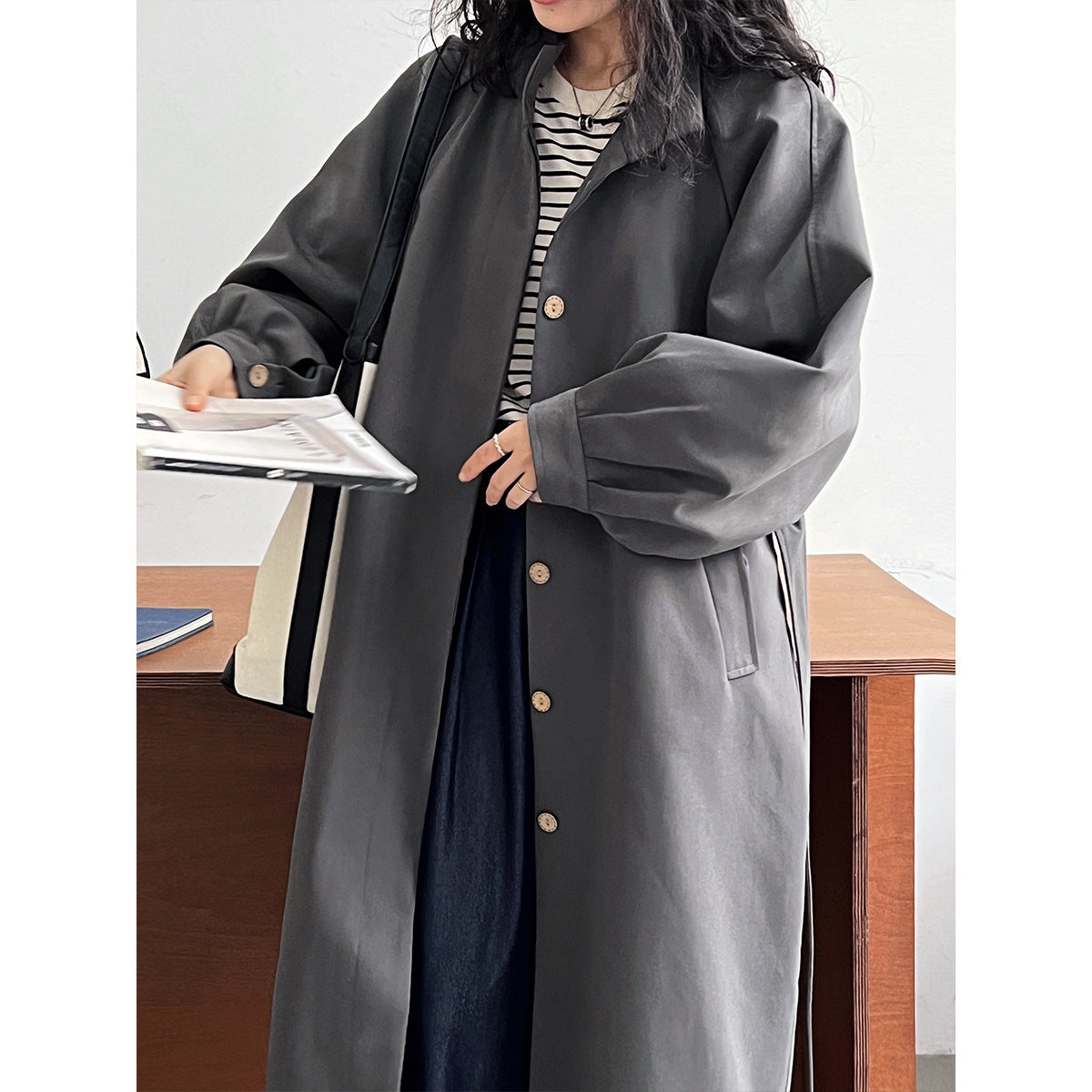 Autumn Clothing Korean Stand Up Collar Puff Sleeve Trench Coat Women Mid Length Waist Controlled Lace Up Overcoat