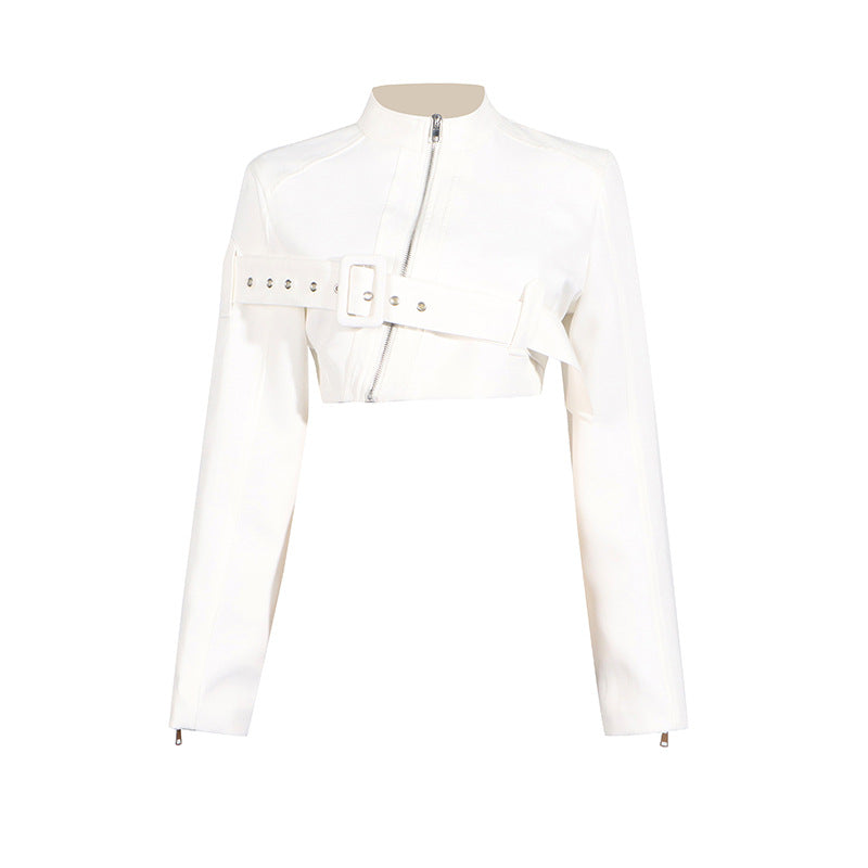 Spring Summer Personality Trendy Irregular Asymmetric Design Belt Slim Fit Slimming Cropped Jacket