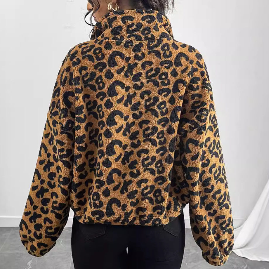 Ropa de mujer Otoño Invierno Cárdigan holgado con cremallera Abrigo de felpa con estampado de leopardo