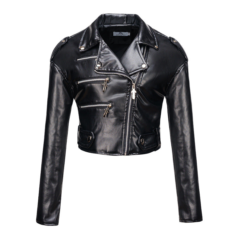 Women Leather Jacket Slim Fit Short Cotton High Waist Long Sleeve Collared Oblique Zipper Leather Jacket Faux Leather Women Motorcycle Clothing