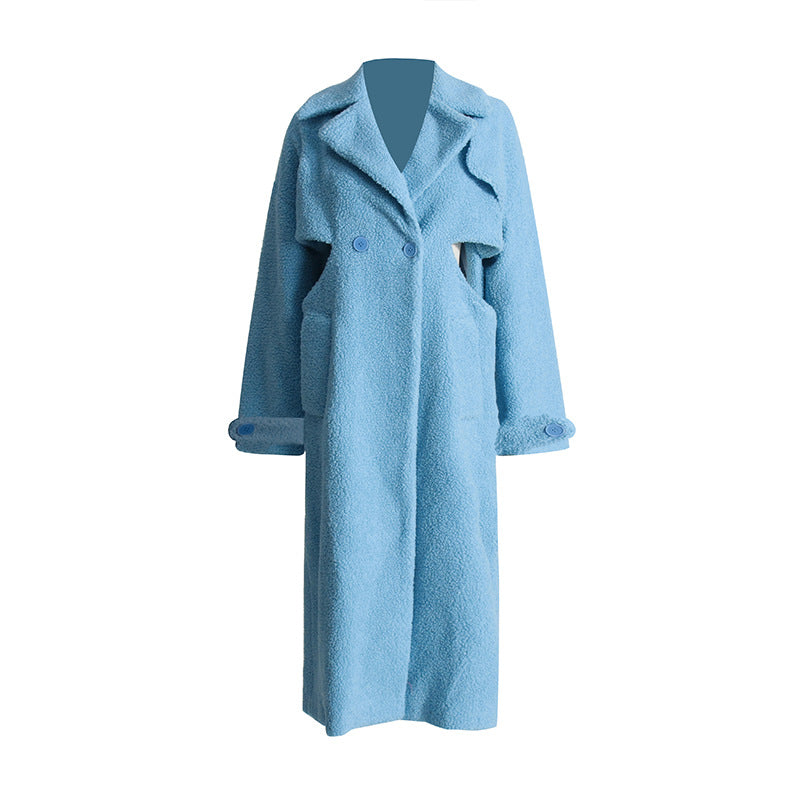 Fall Hollowed out Design Twisted Waist Slimming Long Blue Plush Coat for Women