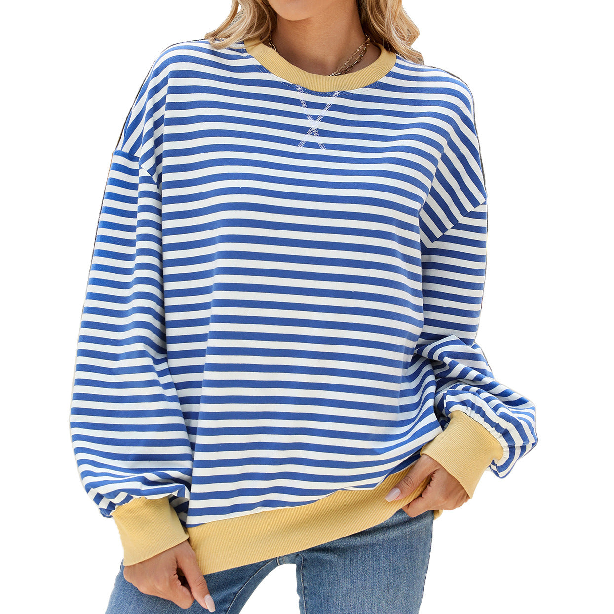 Autumn Winter Striped Round Neck Contrast Color Loose Long Sleeve Sweatershirt Coat Women