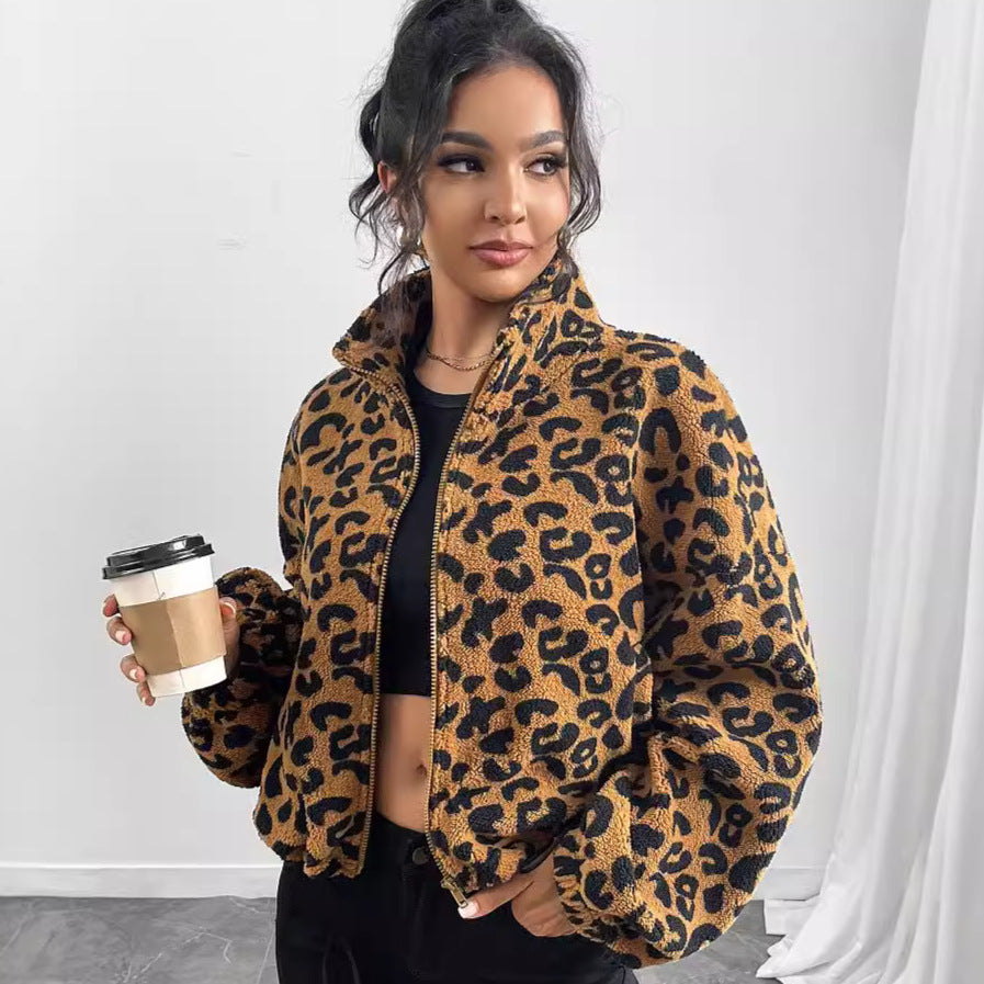 Ropa de mujer Otoño Invierno Cárdigan holgado con cremallera Abrigo de felpa con estampado de leopardo