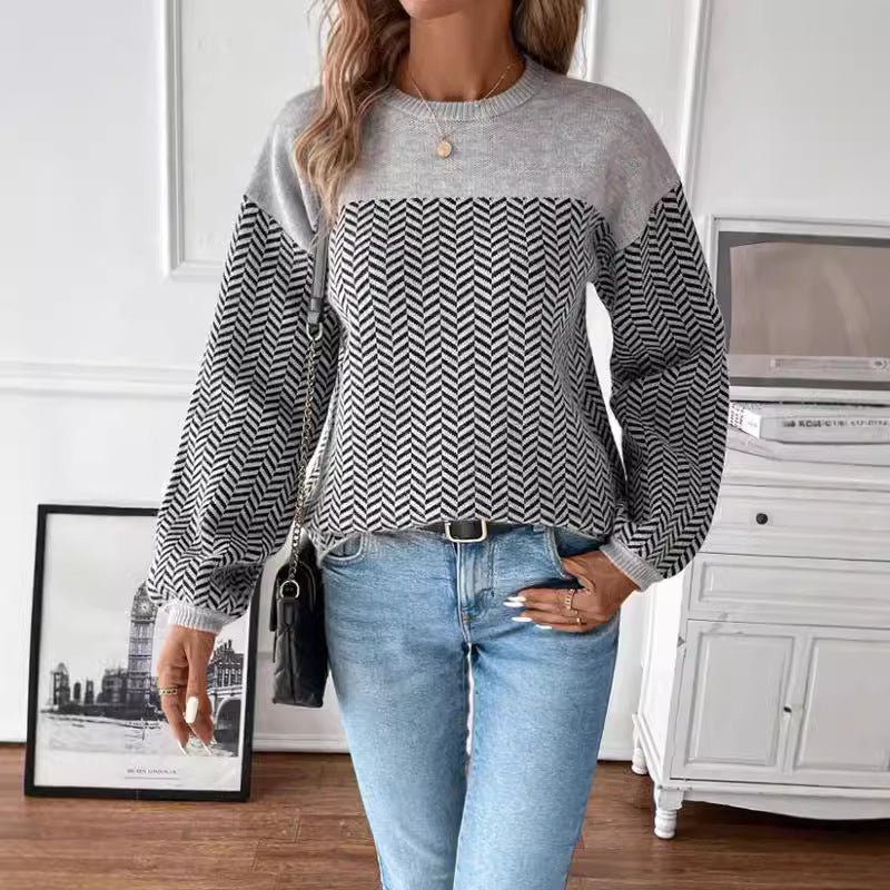 Women Knit Shirt Autumn Winter Color Matching Geometric Abstract Jacquard Pullover round Neck Long Sleeves Sweater for Women