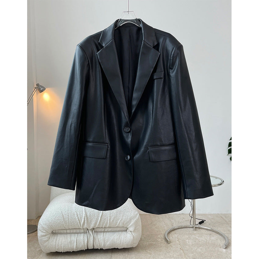 Automne hiver nouveau rétro moderne Faux cuir profil Blazer ample décontracté capote pour les femmes Blazer