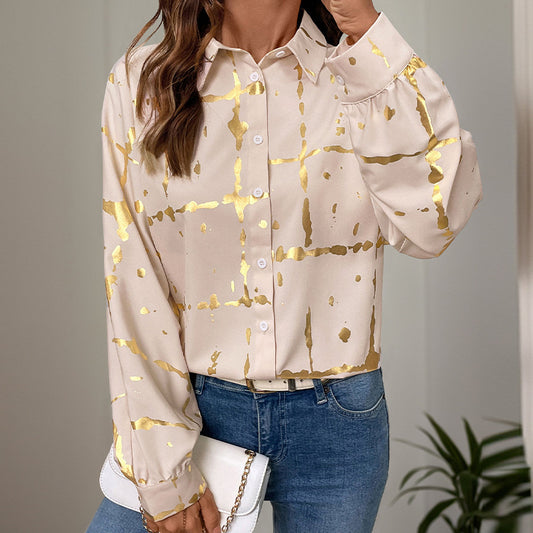 Autumn Winter Casual Top Women Clothing Loose Fitting Women Collared Bronzing Printed Shirt