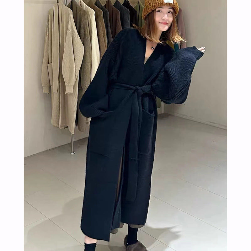 Women's Mid-length Over-the-knee Cardigan Belt Sweater Coat