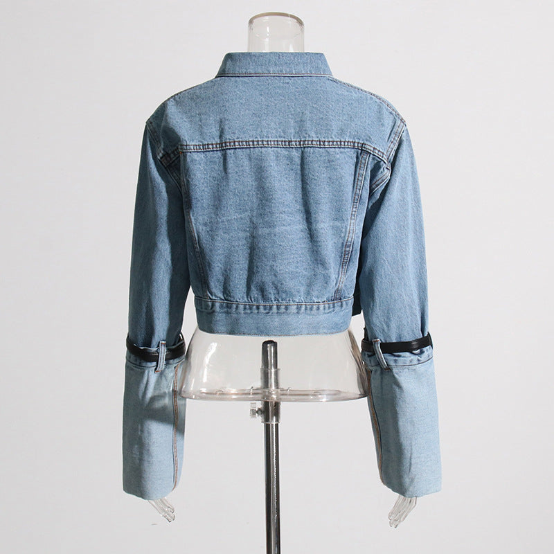 Contrast Color Belt Design Short Denim Jacket Collared Korean Patchwork Top Women