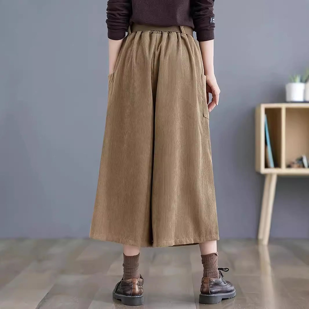 Autumn Winter Solid Color Cropped Wide Leg Pants with Pockets Yamamoto Casual Corduroy Belt Pants