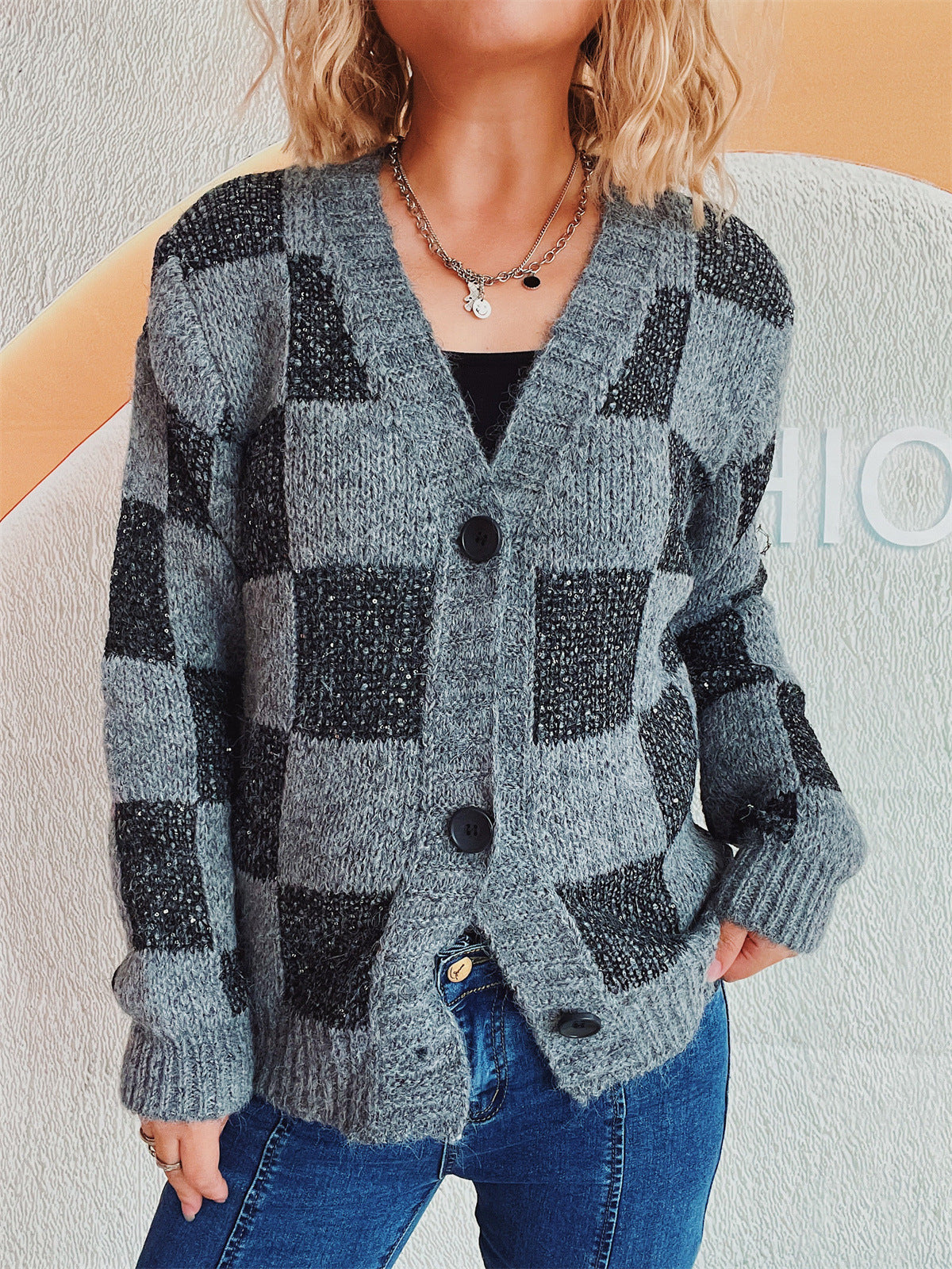 Automne Hiver Lâche Simple Boutonnage Tricoté Cardigan Haut Femmes Plaid Bow Brocart Pull Manteau Femmes