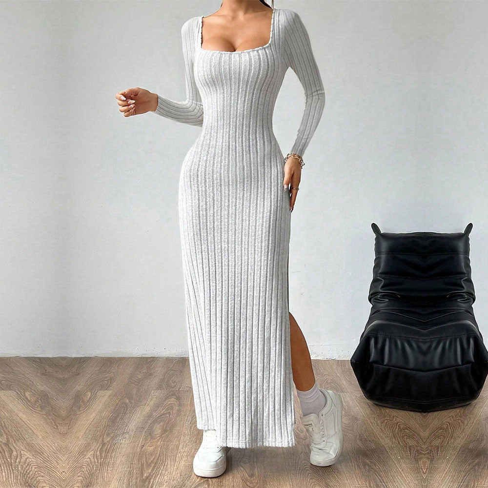 Vêtements pour femmes Robe simple et élégante Automne Hiver Col carré Dos nu Manches longues Robe mi-longue