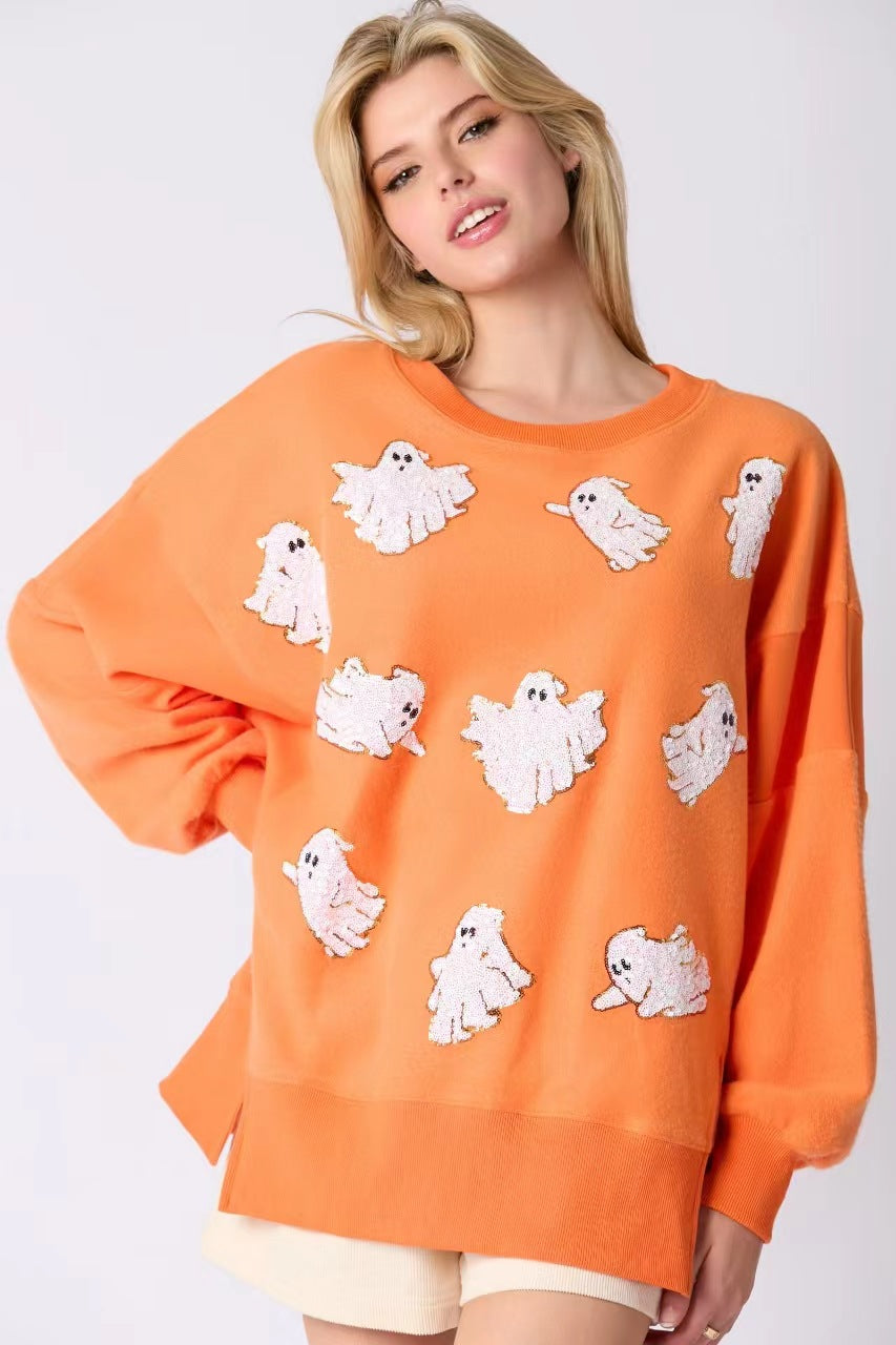 Suéter holgado informal con lentejuelas y fantasma de Halloween para mujer, otoño e invierno