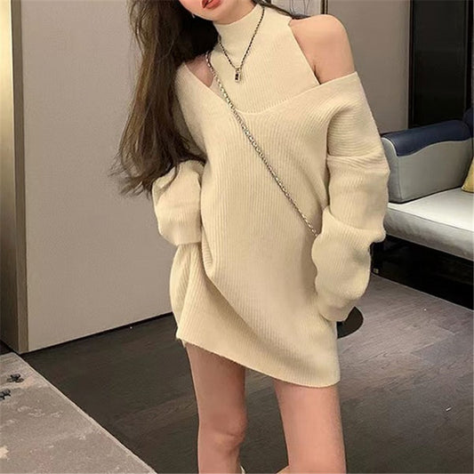 Wear Loose Lazy Mid Length off Shoulder Sweater Two Piece Sets Fall Winter Outer Wear Design Sweater