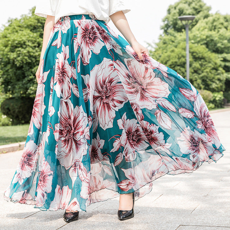 Chiffon Skirt Printed Floral High Waist Slimming