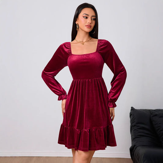 Vêtements pour femmes Robe mi-longue en velours français rouge vin Automne Hiver