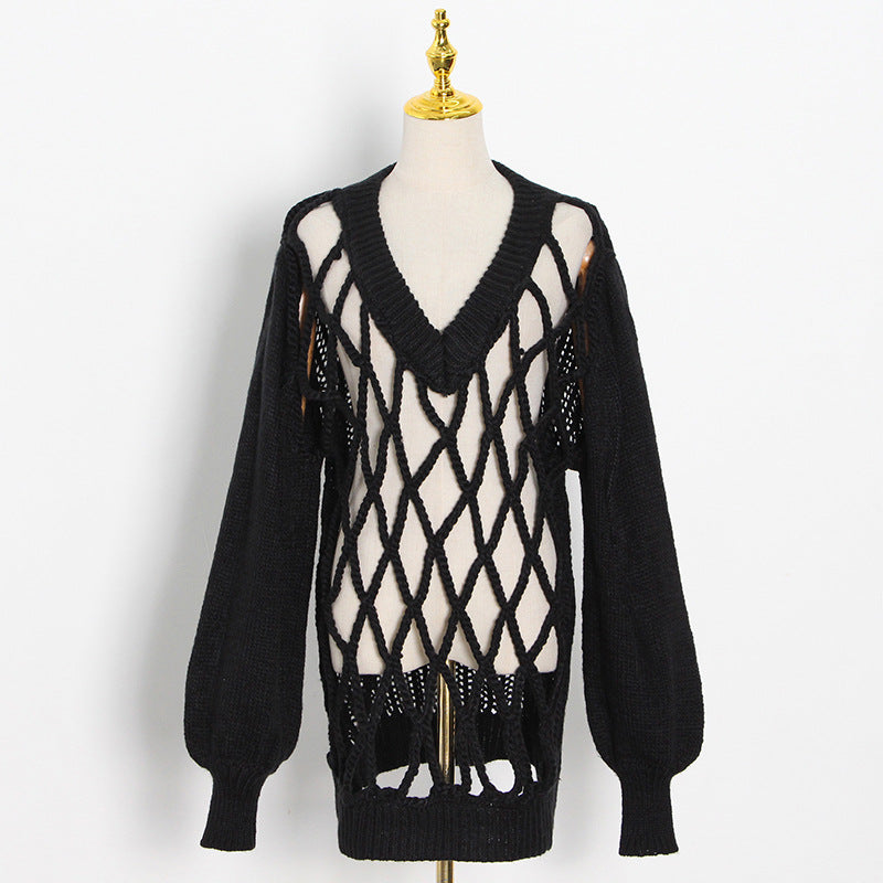 Fall Winter Trend Model Design V-neck Personality Mesh Weaving Hollow Out Cutout Lantern Sleeve Loose Women Sweater