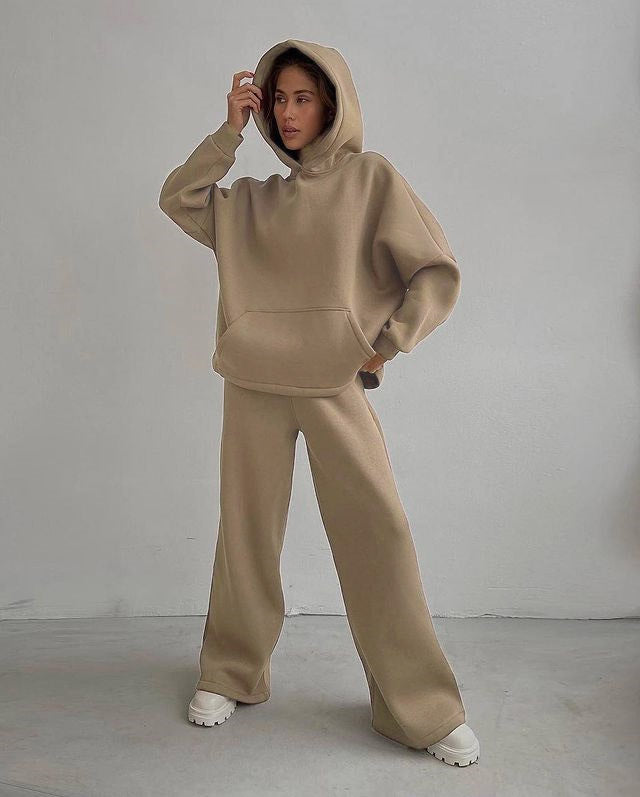 Ensemble pull à capuche et pantalon à jambe droite pour femme, ensemble deux pièces, décontracté, automne et hiver