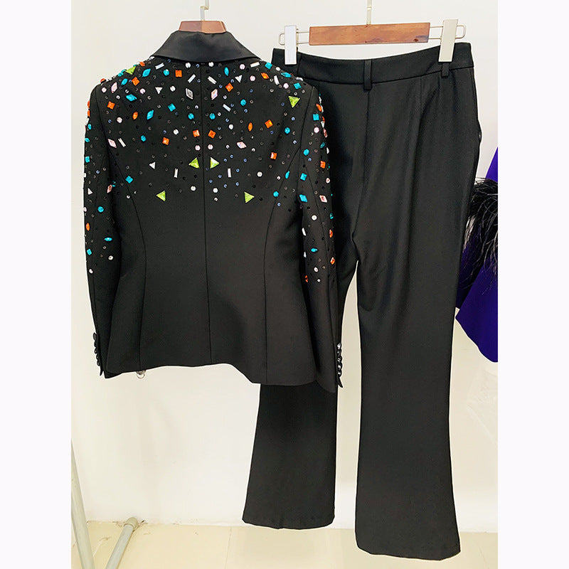 Goods Heavy Industry Beads Colorful Crystals Slim Fit Blazer Bootcut Pants Blazer Suit Set Two Pieces