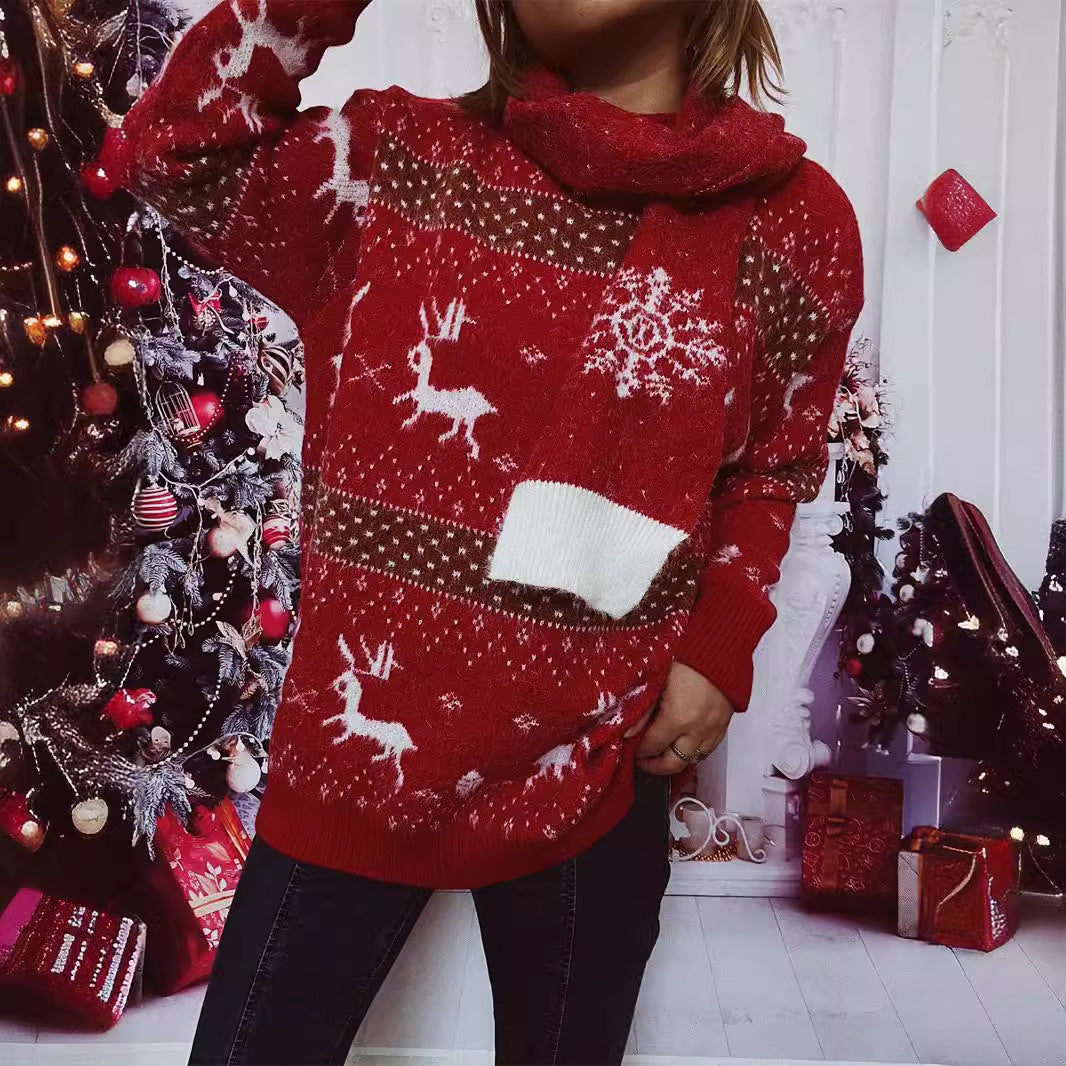 Autumn Winter Round Neck Long Sleeve Deer Snowflake Jacquard Christmas Sweater Scarf Two Piece Set