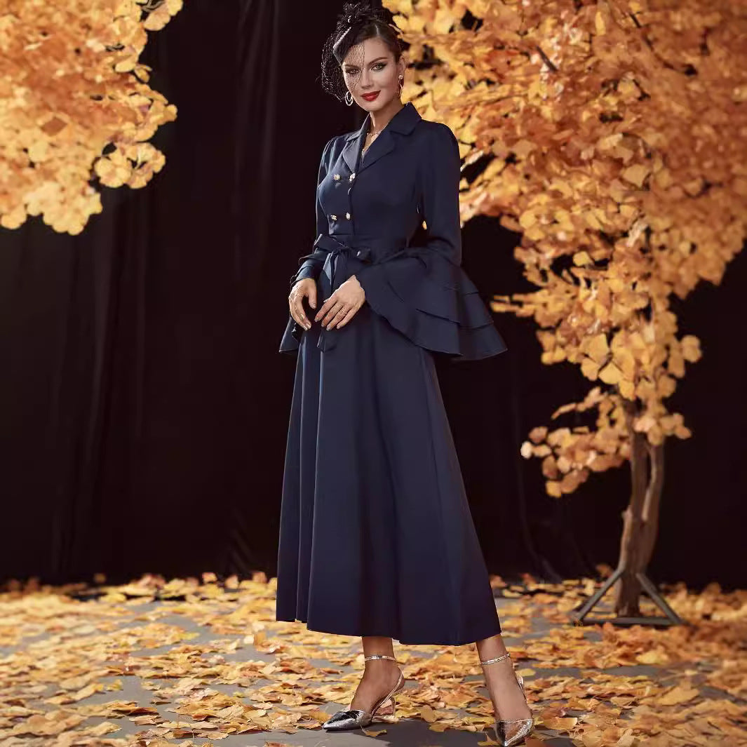 Vestido tipo gabardina de cintura alta con doble botonadura para mujer, otoño e invierno