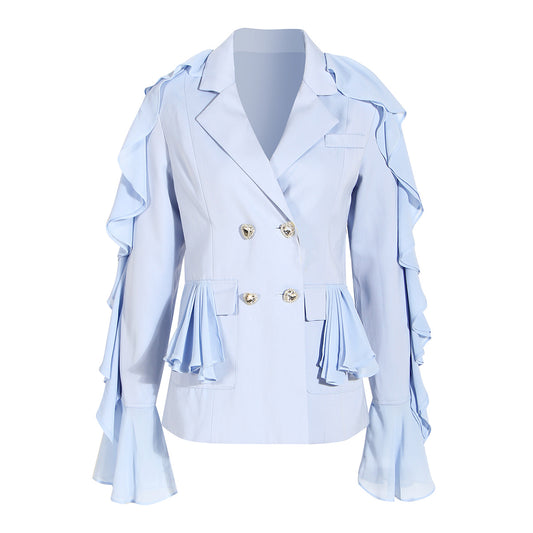 Chaqueta informal para mujer, diseño minoritario francés, manga ondulada con volantes, azul claro, hebilla de taladro de lujo, calle frita, alta sociedad