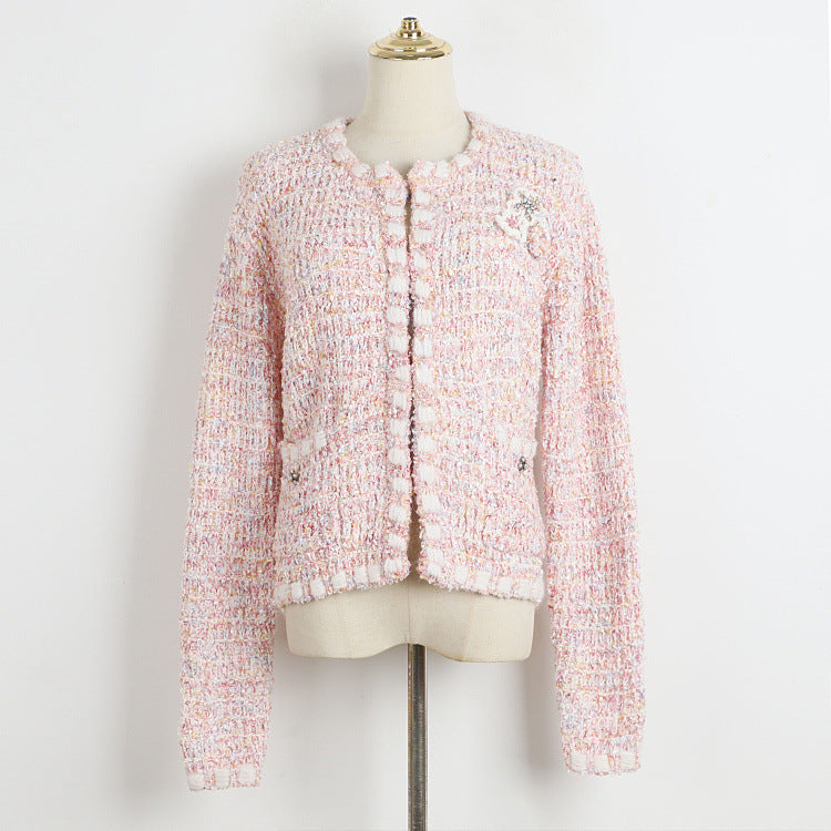 Classic Pink Knitted Coat Spring Autumn Winter Mixed Color Hidden Hook Loose Cardigan