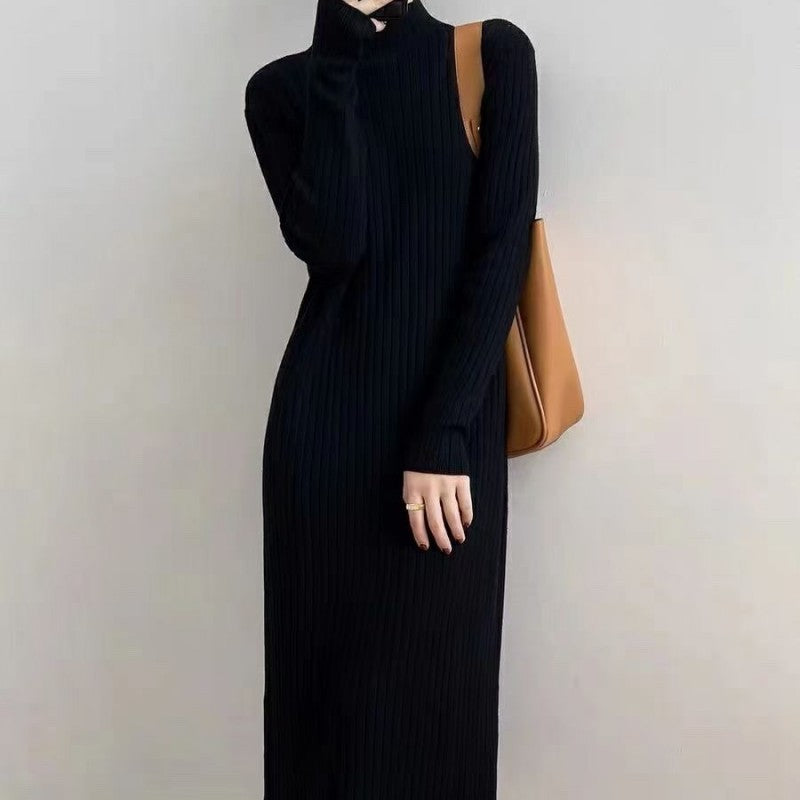 Autumn Winter Mock Neck Sweater Women Mid Length below the Knee Coat Base Ride Tassel Dress Swing Knitted Dress