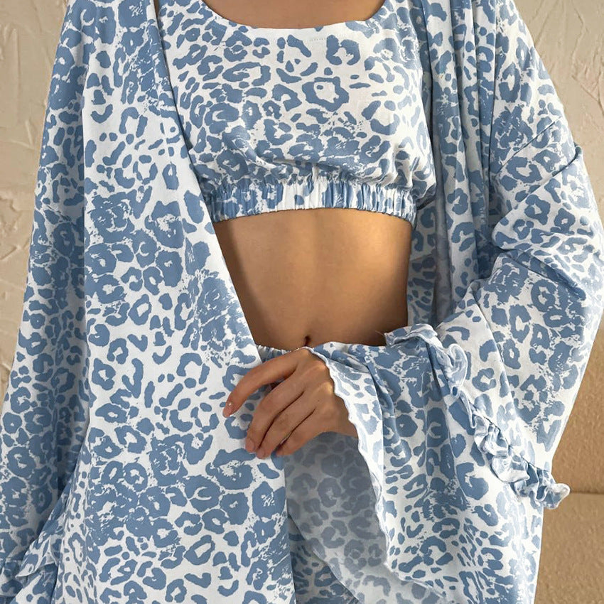 Autumn Leopard Print Underwear Shorts Nightgown Three Piece Pajamas Loose Comfortable Homewear