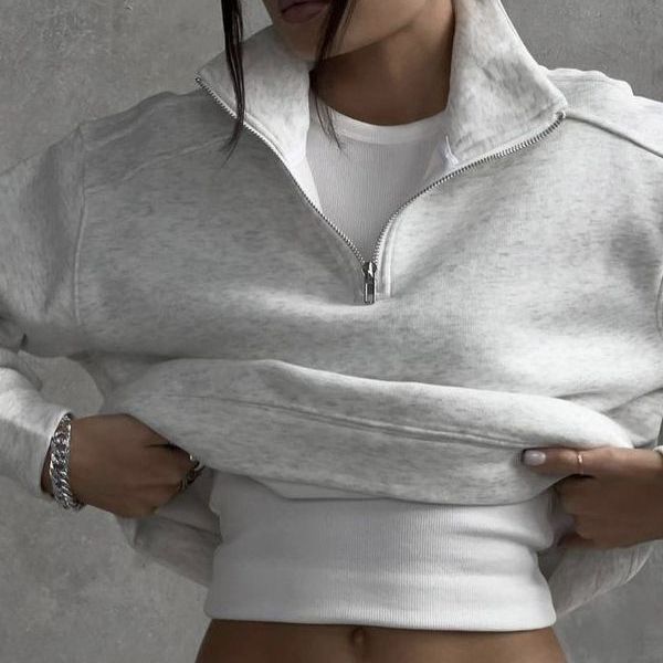 Suéter deportivo informal de algodón con cuello con media cremallera y forro polar para otoño e invierno para mujer