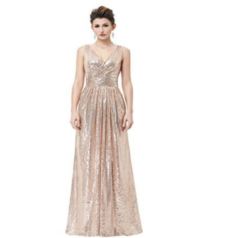 V-neck Slimming Long Sequin Formal Dress