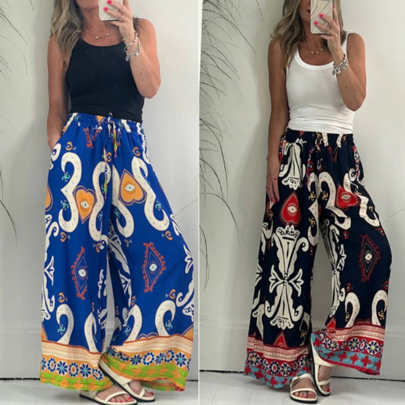 Pantalones anchos sueltos con bolsillo estampado para mujer