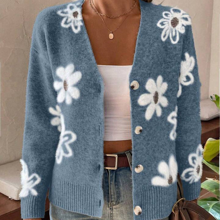 Cardigan en tricot décontracté à motif floral gracieux et mignon pour l'automne et l'hiver