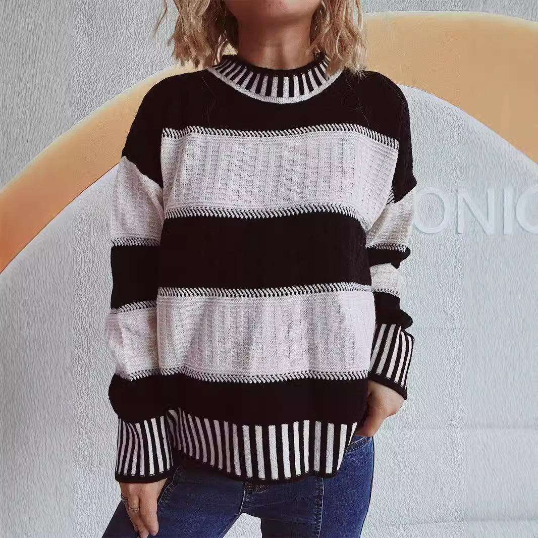 Autumn Winter Striped Contrast Color Half Turtleneck Sweater Loose Casual Office Sweater for Women