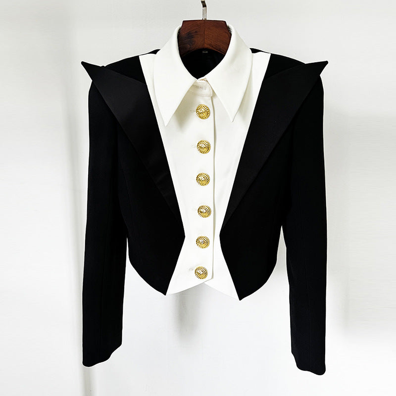 Colorblock Color Contrast Patchwork Double Layer Collar Slim Short Blazer