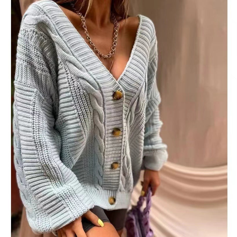 V Neck Lantern Sleeve Knitted Cardigan Women Autumn Winter Loose Sexy Sweater Coat